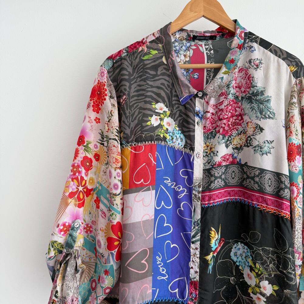 Johnny Was Silk Blouse 2X Floral Patchwork Boho Button Up Blouse Zippy Julia Top - Picture 2 of 11